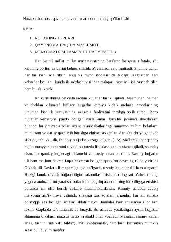 Nota, verbal nota, qaydnoma va memarandumlarning qo’llanilishi 1