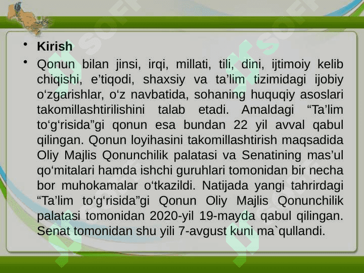 O'zbekiston Respublikasining   Ta'lim to’g’risida gi Qonun  24 2