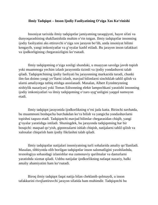 Ilmiy Tadqiqot – Inson Ijodiy Faoliyatining O‘ziga Xos Ko‘rinishi 1 ESSE