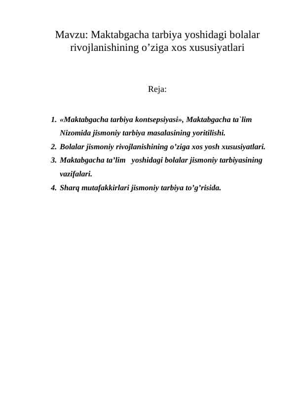 Maktabgacha tarbiya yoshidagi bоlalar rivоjlanishining o’ziga xоs xususiyatlari 1