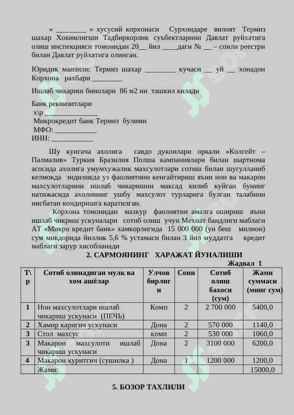 НОН  ВА МАКАРОН  МАХСУЛОТЛАРИ  ИШЛАБ  ЧИКАРИШНИ  ТАШКИЛ   КИЛИШ  Б И З Н Е С  Р Е Ж А С И 3