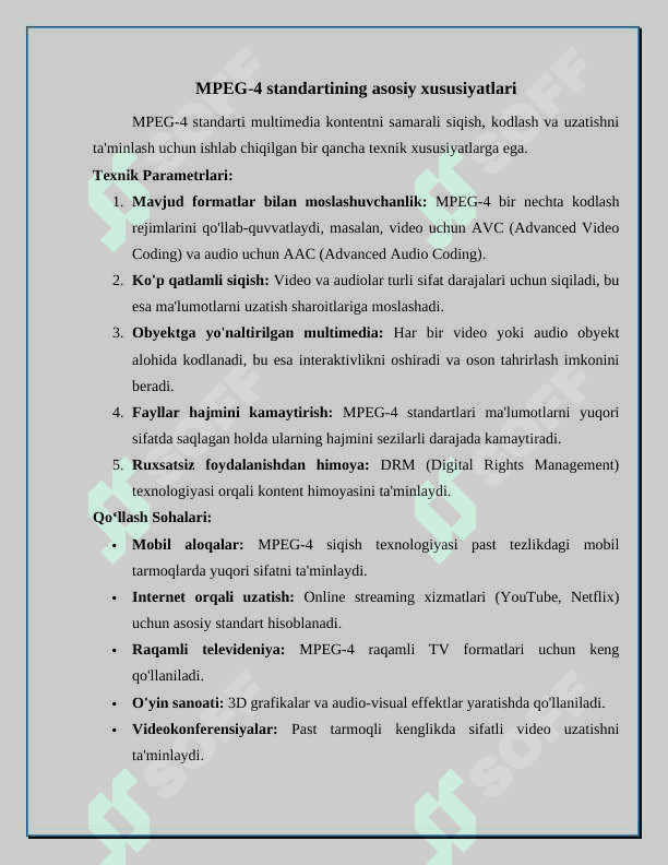 MPEG-4 audio-video ma'lumotlarni siqish standartini qurish tamoyillari 6