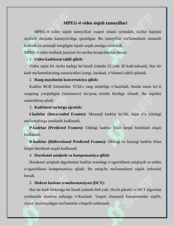 MPEG-4 audio-video ma'lumotlarni siqish standartini qurish tamoyillari 8