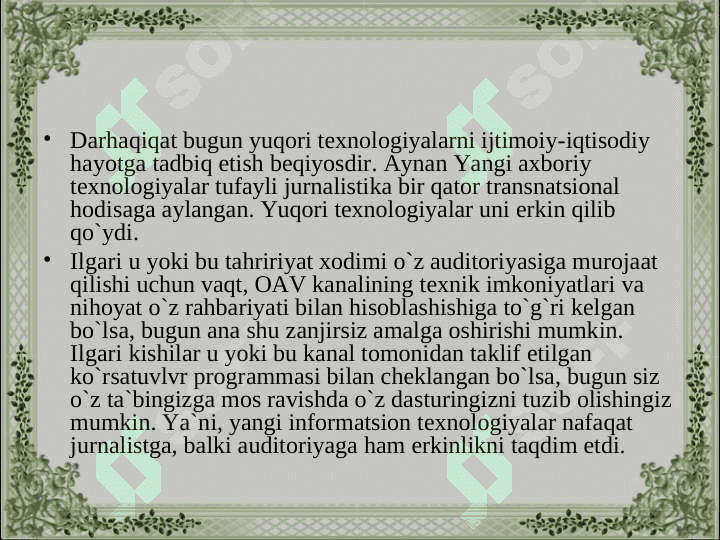 O’zbekistonda ommaviy axborot vositalarining o’rni 5