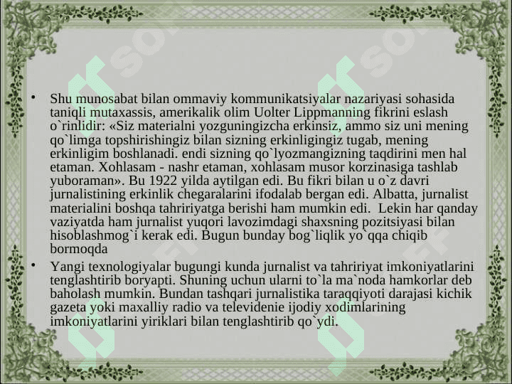 O’zbekistonda ommaviy axborot vositalarining o’rni 6