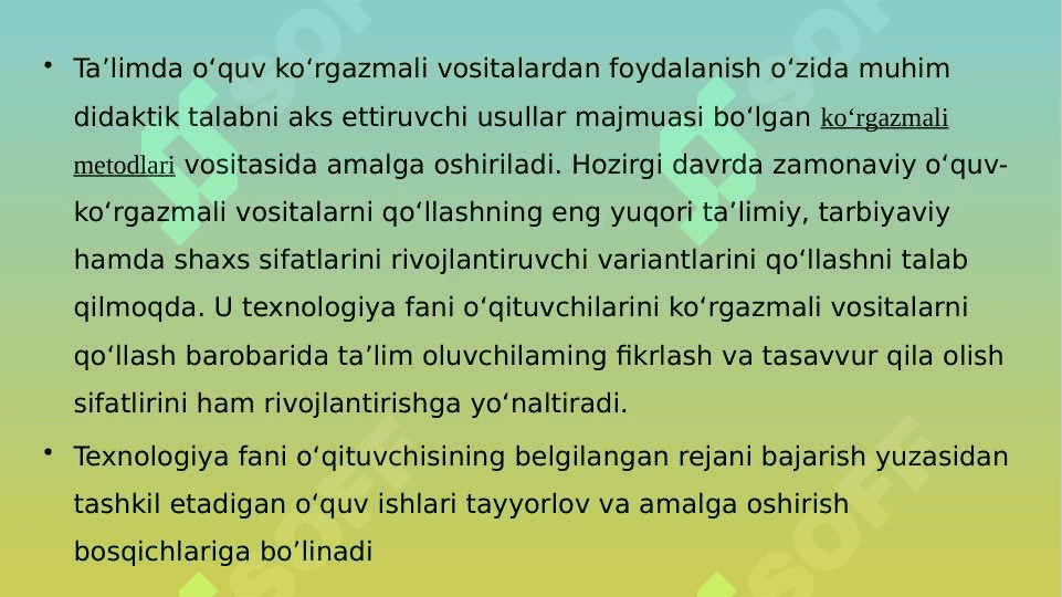 TEXNOLOGIYA FANIDA KO'RGAZMALI VOSITALARDAN FOYDALANISH 2