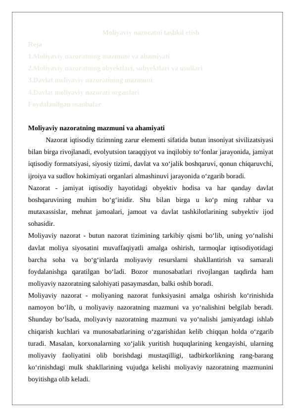 Moliyaviy nazoratni tashkil etish 1