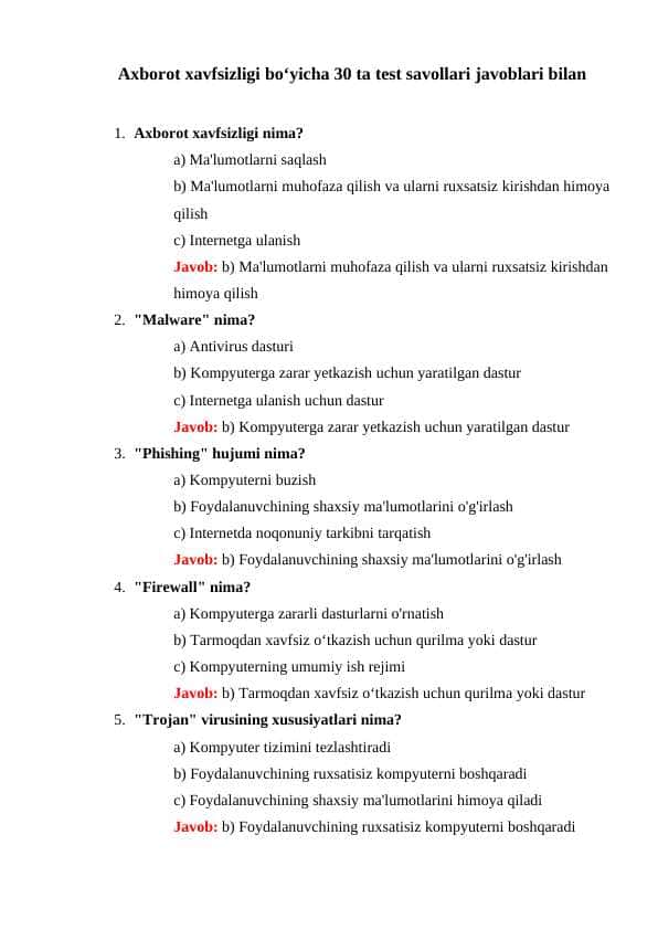 Axborot xavfsizligi boʻyicha 30 ta test savollari javoblari bilan