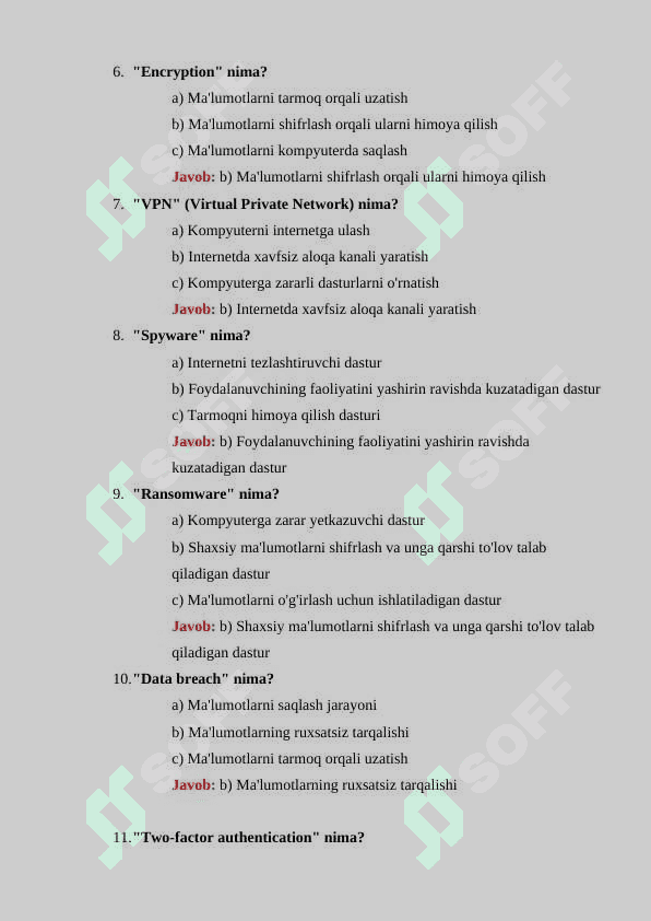 Axborot xavfsizligi boʻyicha 30 ta test savollari javoblari bilan 2