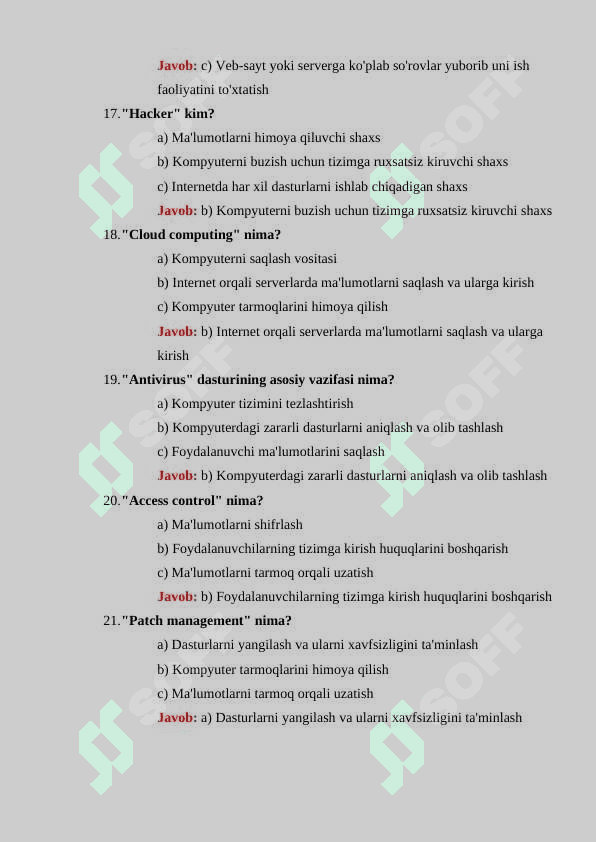 Axborot xavfsizligi boʻyicha 30 ta test savollari javoblari bilan 4