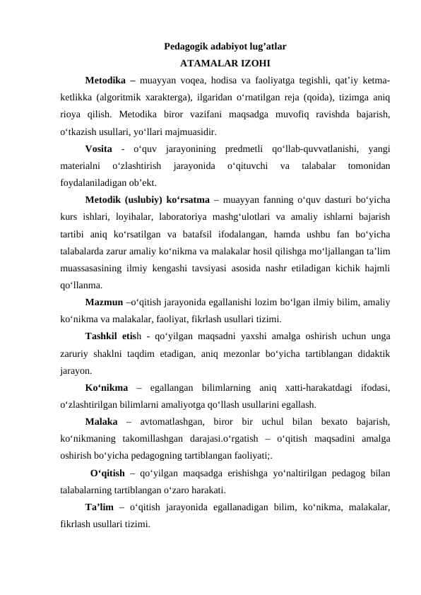 Pedagogik adabiyot lug’atlar mavzusi atamalar izohi 1