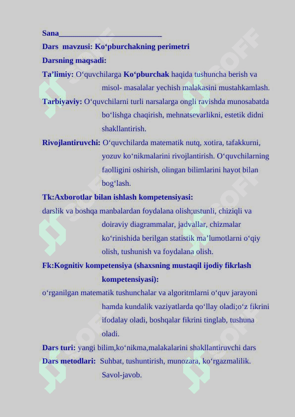 Dars ishlanma 1 sinf matematika - Ko’pburchakning perimetri mavzusida 4-chorak 2