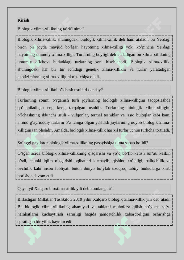 Biologik xilma-xillik va ekotizimlarda o‘z 2