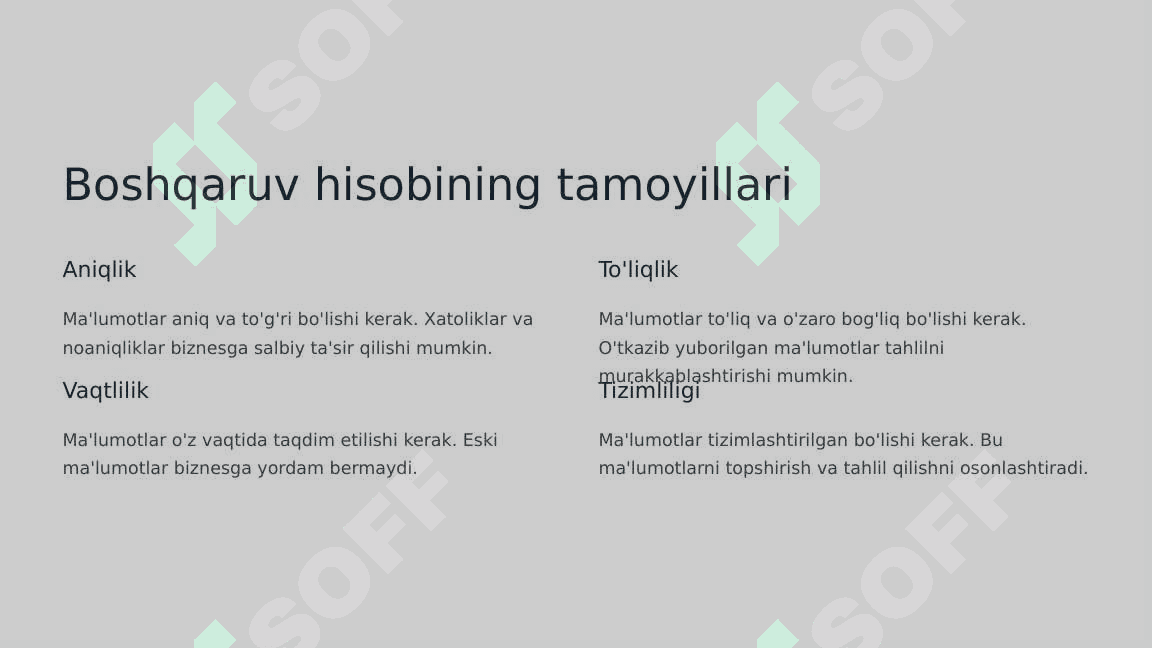 Boshqaruv hisobi funksiyalari, tamoyillari, tizimi va tarkibiy qismlari 5