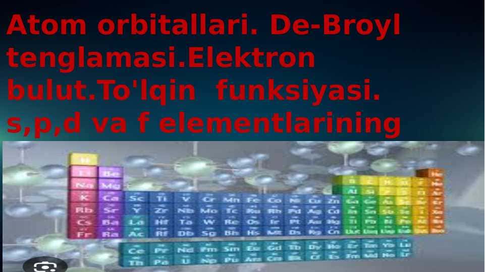 Atom orbitallari. De-Broyl tenglamasi. Elektron bulut. To'lqin  funksiyasi. s,p,d va f elementlarining atom tuzilishi