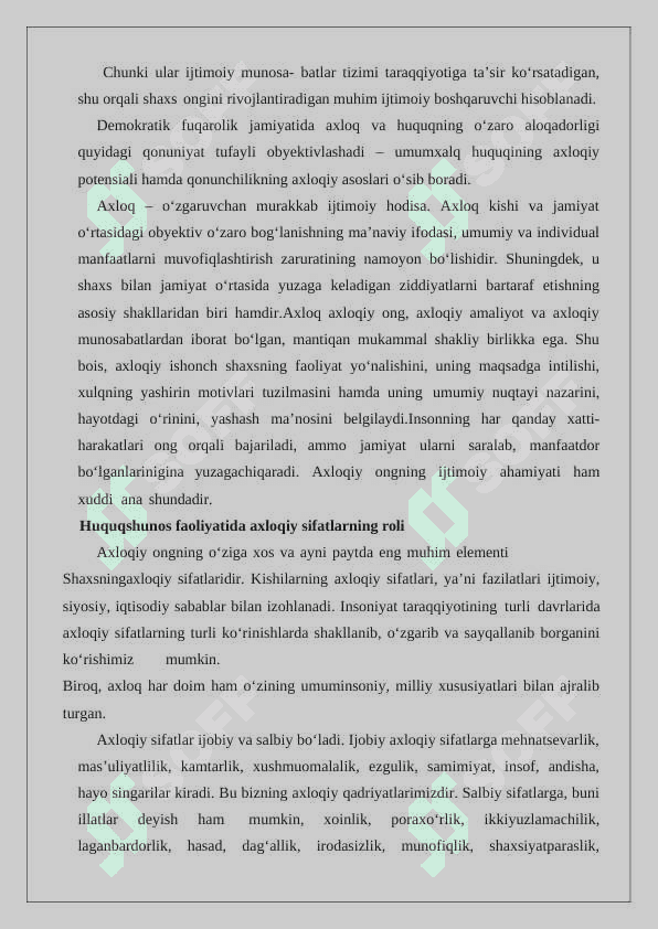Huquqiy etika tushunchasi. Uni tashkil etuvchi xususiyatlar. Huquqshunos faoliyatida axloqiy sifatlarning ro’li. 3