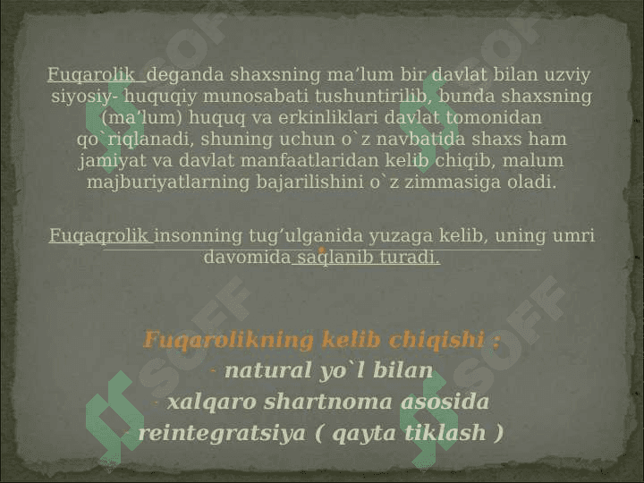 O`zbekiston Respublikasi fuqaroligining huquqiy asoslari. Fuqaroligi bo`lmagan va chet el fuqarolarining huquqiy holati 2
