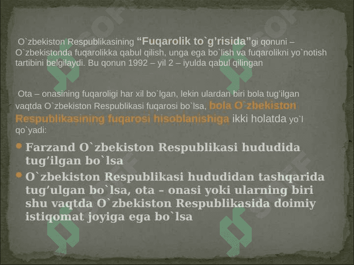 O`zbekiston Respublikasi fuqaroligining huquqiy asoslari. Fuqaroligi bo`lmagan va chet el fuqarolarining huquqiy holati 4