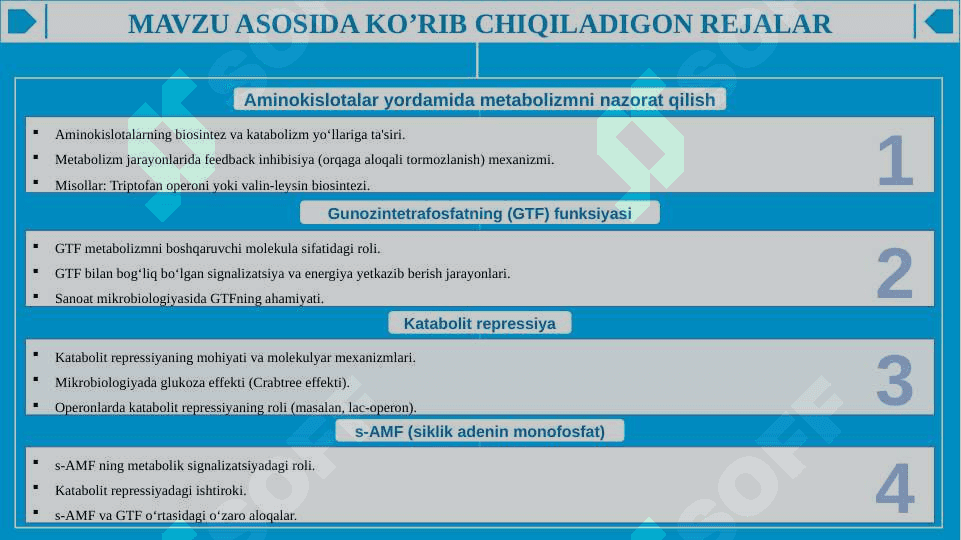 Metabolizmni aminokislotalar yordamida nazorat qilish va gunozintetrafosfatning funksiyasi, katabolit repressiya va s-AMF 2