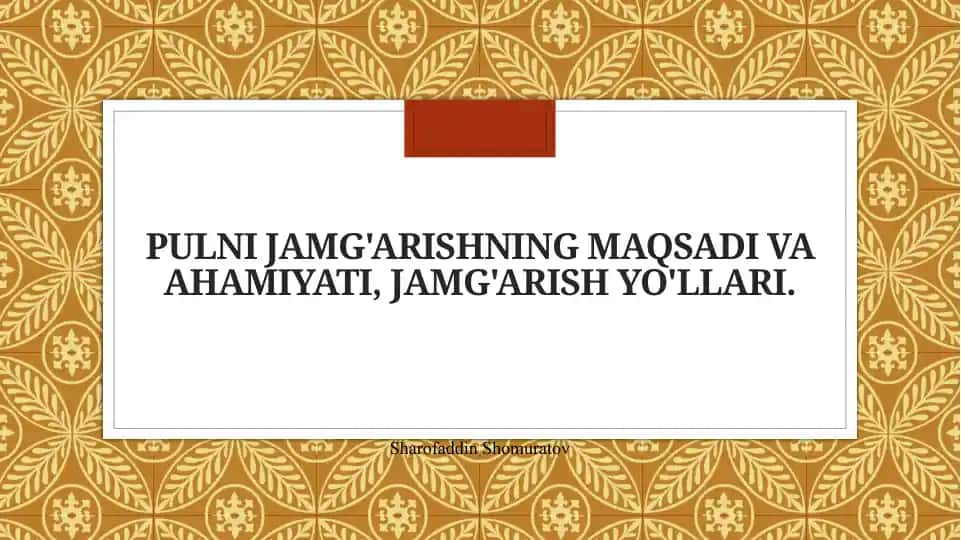 Pulni jamg'arishning maqsadi va ahamiyati, jamg'arish yo'llari. 1