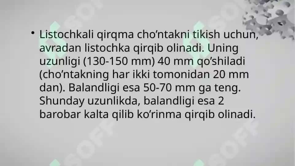 Avrasidan yakka mag’izli ramka hosil qiladigan cho’ntakka ishlov berish. 4