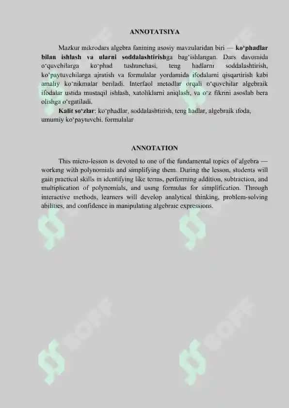Matematika fanida “Ko‘phadlar bilan ishlash va ularni soddalashtirish”ni o‘tish metodikasi 2
