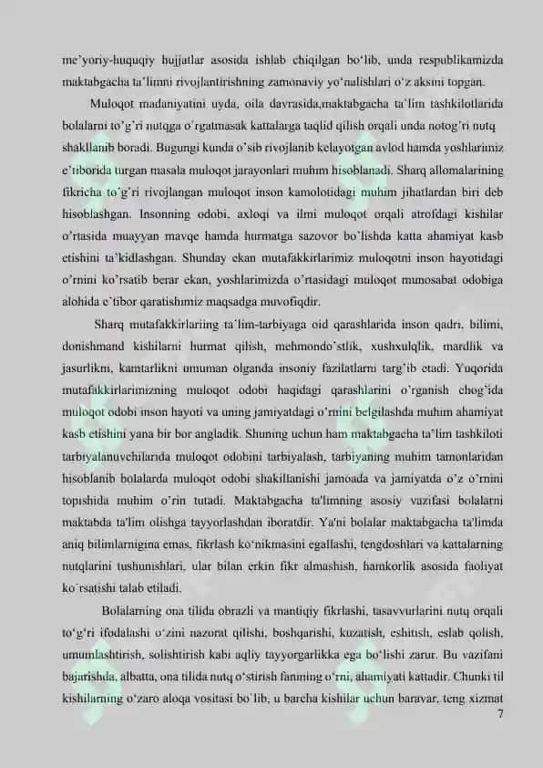 MAKTABGACHA YOSHDAGI BOLALAR MULOQOTINI SHAKLLANTIRISHDA SHARQ ALLOMALARINING G’OYALARIDAN FOYDALANISH 7