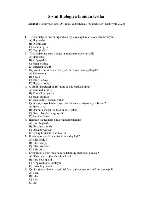 5-sinf darsligi bo'yicha 100talik test (javoblari bilan) 1
