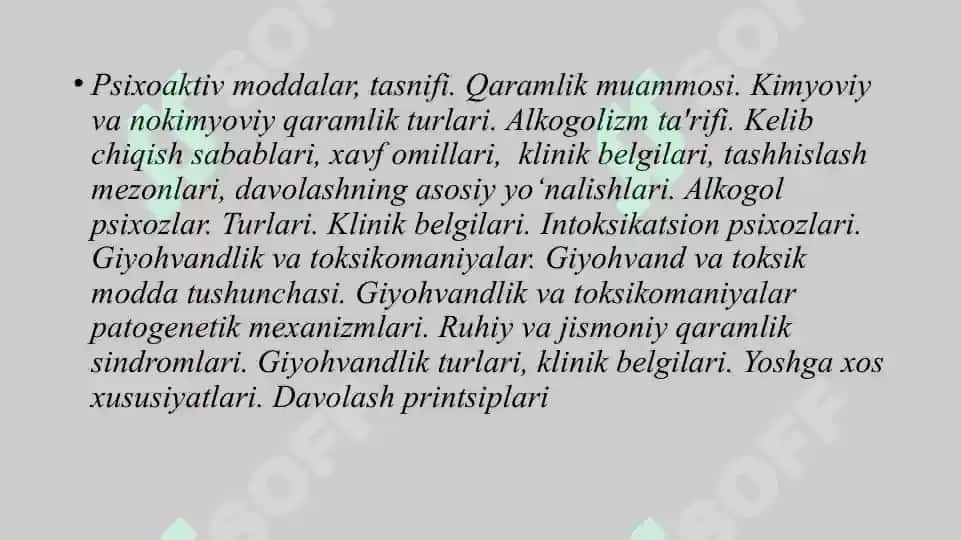 Psixofaol moddalarni iste’mol qilish natijasida yuzaga keladigan ruhiy va xulq-atvor buzilishlari. Intoksikatsion psixozlariПсихофаол моддаларни истемол килиш натижасида юзага келадиган рухий ва хулк атвор бузилишлари. Интоксикацион психозлар. 2