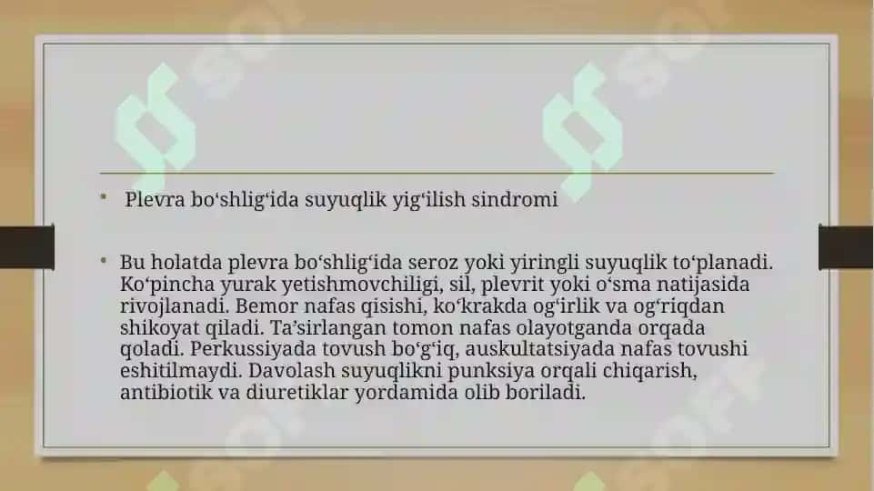 Plevra boshligida suyuqlik yigilish sindromi, plevra boshligida havo yigilish sindromi, opkada boshl 2