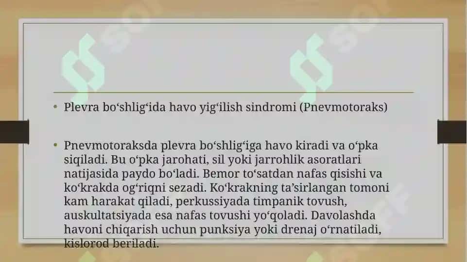 Plevra boshligida suyuqlik yigilish sindromi, plevra boshligida havo yigilish sindromi, opkada boshl 4