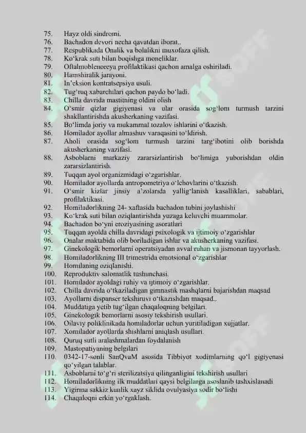 Akusherlik ishi mutaxassisligi bo’yicha shakllantirilgan og’zaki savollar ro’yxati 3