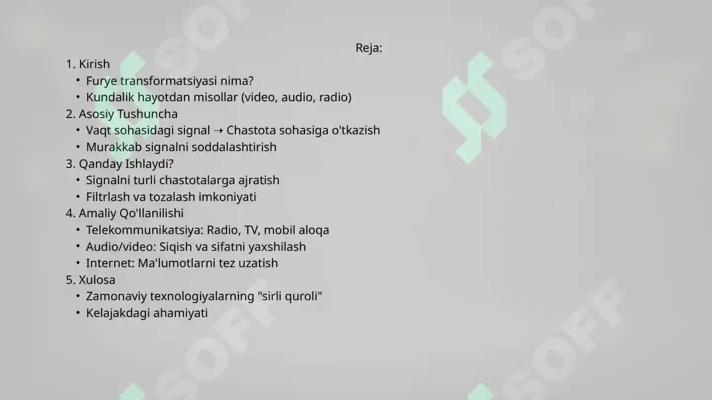Prezintatsiya mustaqil ish Fure o'zgartirishlar 2