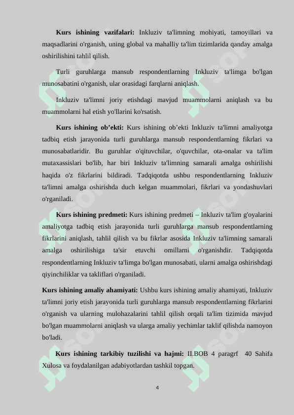 INKLUZIV TA'LIM G'OYALARINI AMALIYOTGA TADBIQ ETISH BO'YICHA TURLI GURUHLARGA MANSUB RESPONDENTLARNING FIKRLARINI ANIQLASHGA QARATILGAN SOTSIOLOGIK TADQIQOTLAR 4