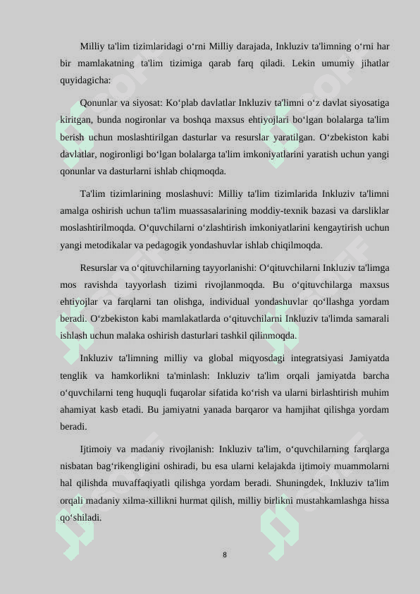 INKLUZIV TA'LIM G'OYALARINI AMALIYOTGA TADBIQ ETISH BO'YICHA TURLI GURUHLARGA MANSUB RESPONDENTLARNING FIKRLARINI ANIQLASHGA QARATILGAN SOTSIOLOGIK TADQIQOTLAR 8