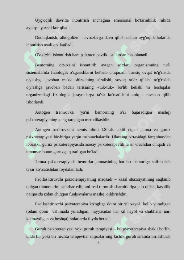 XX ASRDA PSIXOTERAPIYANING ASOSIY YOʻNALISHLARI KLASSIFIKATSIYASI 8