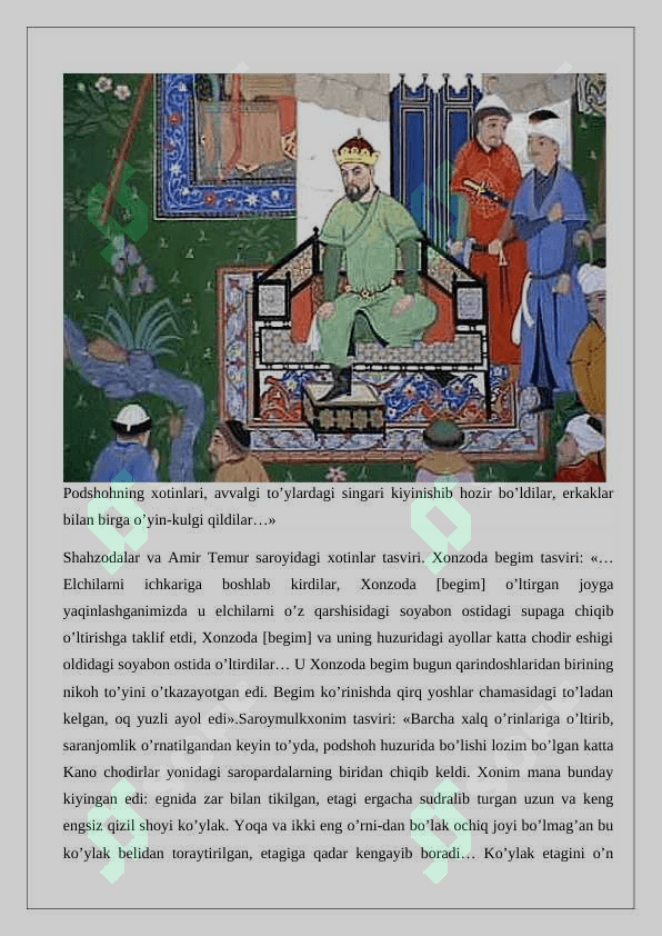Rui Gonsales de Klavihoning “Samarqandga – Amir Temur saroyiga sayohat kundaligi” asari tarixiy manba sifatida 8