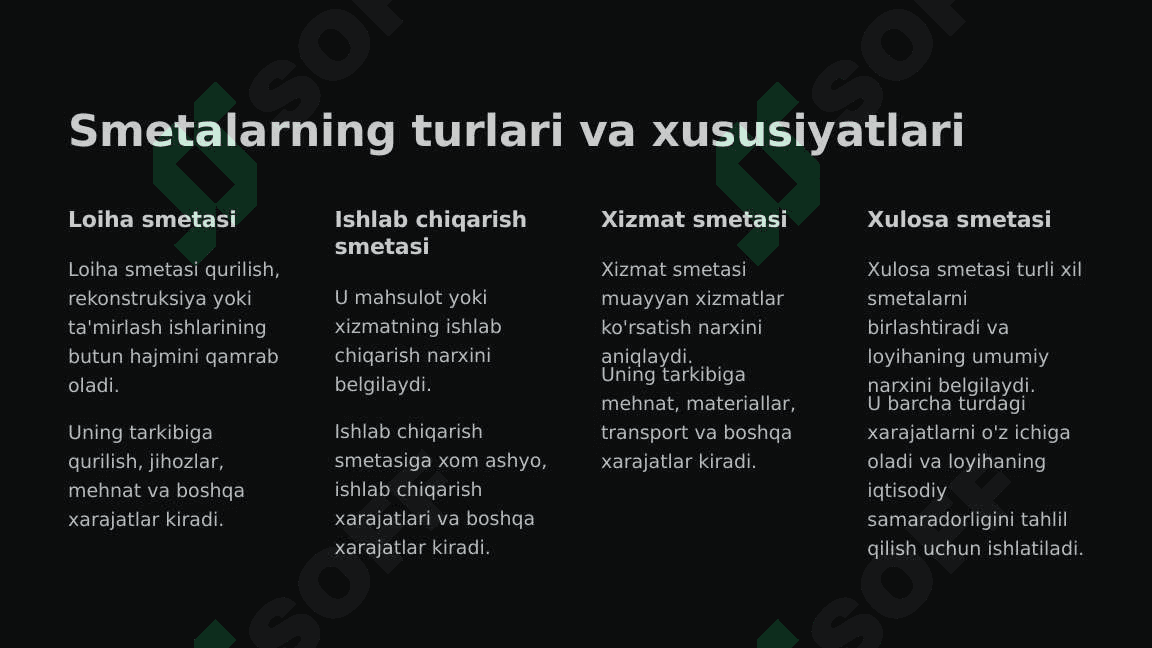 Smetalarni umumlashtirish, bajarilishini nazorat qilish va uni boshqarish 4