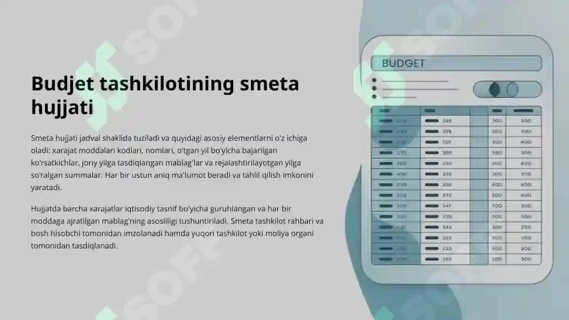 Budjet tashkilotlarida smetalar tarkibi va ularni shakllantirishning xususiyatlari 4