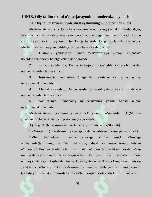 Oliy ta’lim tizimini  o’quv-jarayonlarini modernizatsiyalashning ustuvor yo’nalishlari. 5