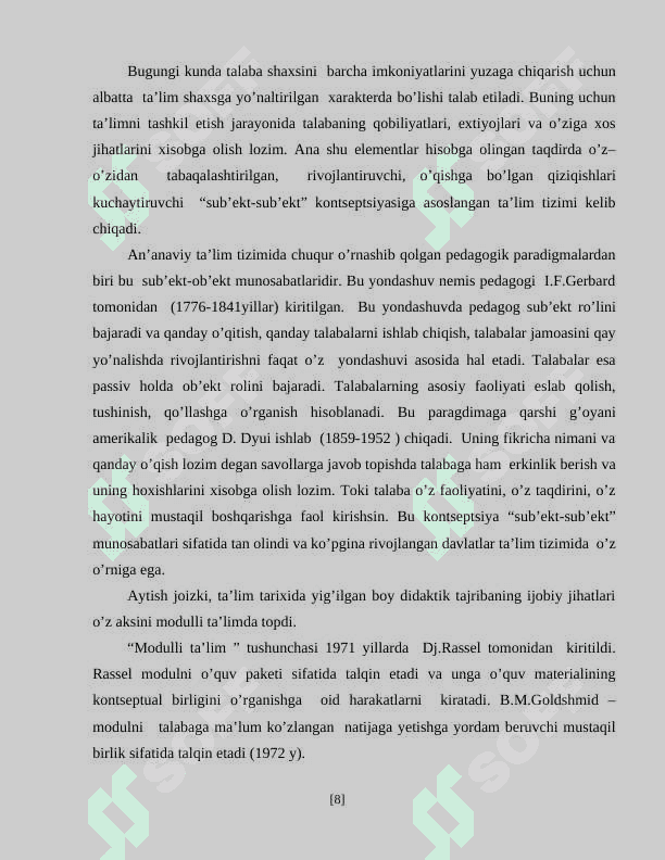 Oliy ta’lim tizimini  o’quv-jarayonlarini modernizatsiyalashning ustuvor yo’nalishlari. 8