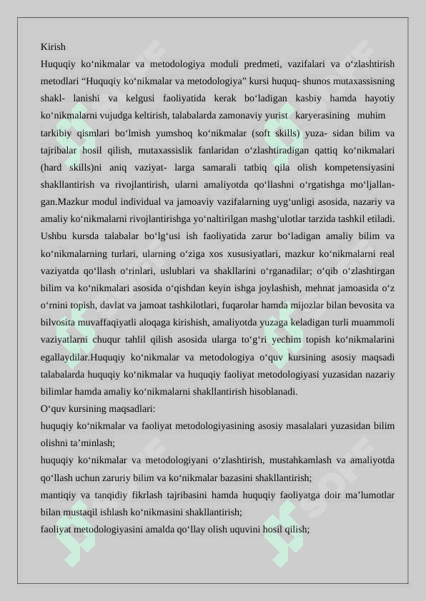 Huquqiy ko'nikmalar va metodologiya moduli predmeti, vazifalari va o'zlashtirish metodlari.  Soft skills 2