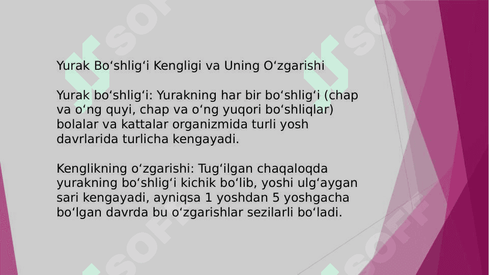 Bola rivojlanishiga yurak xajmini o`zgarishi, yurak bo`shligi kengligi bilan qon tomirlari nisbatan, ularning gemodinamik ko`rsatkichlari. 4