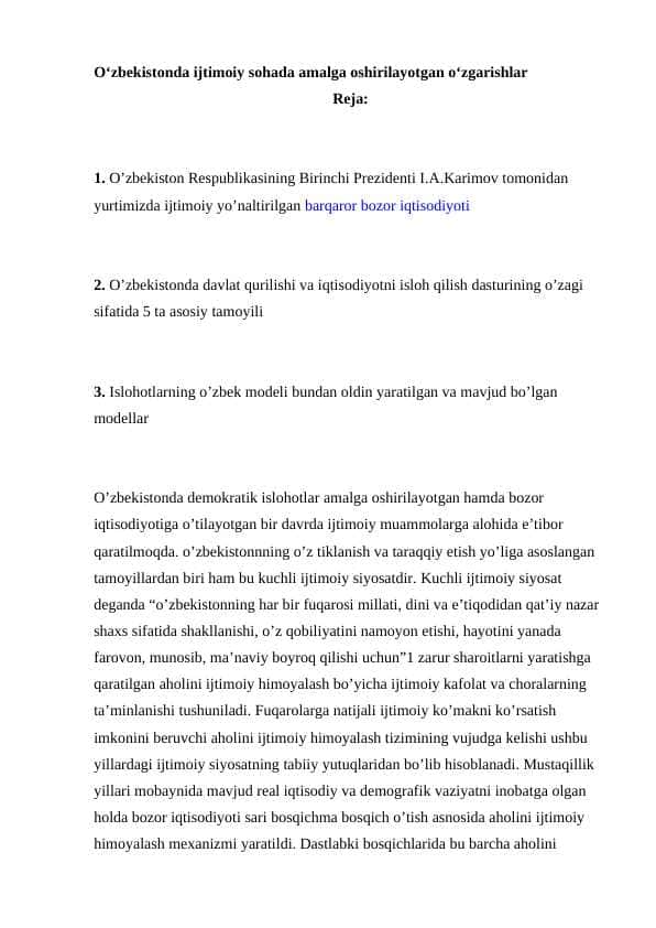 O‘zbekistonda ijtimoiy sohada amalga oshirilayotgan o‘zgarishlar
