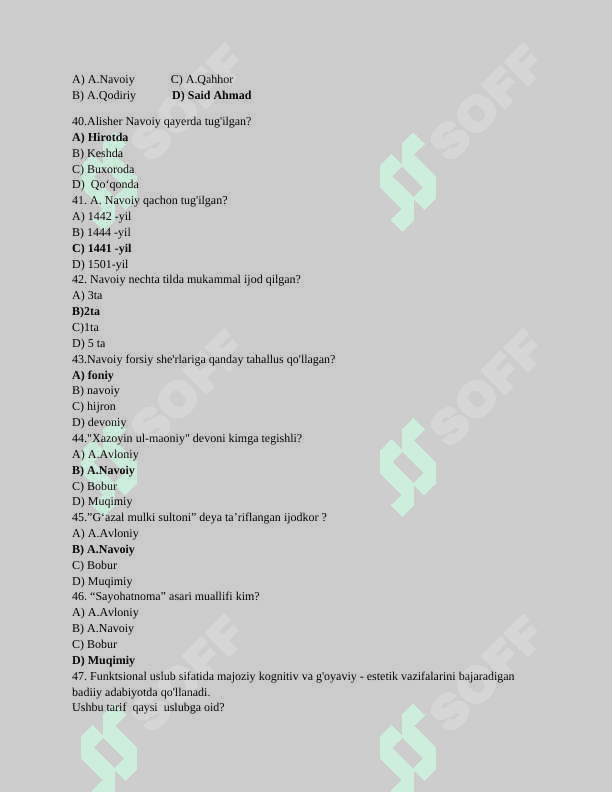 O'zbek tilidan testlar bazasi 5