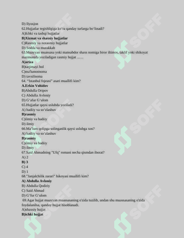 O'zbek tilidan testlar bazasi 8