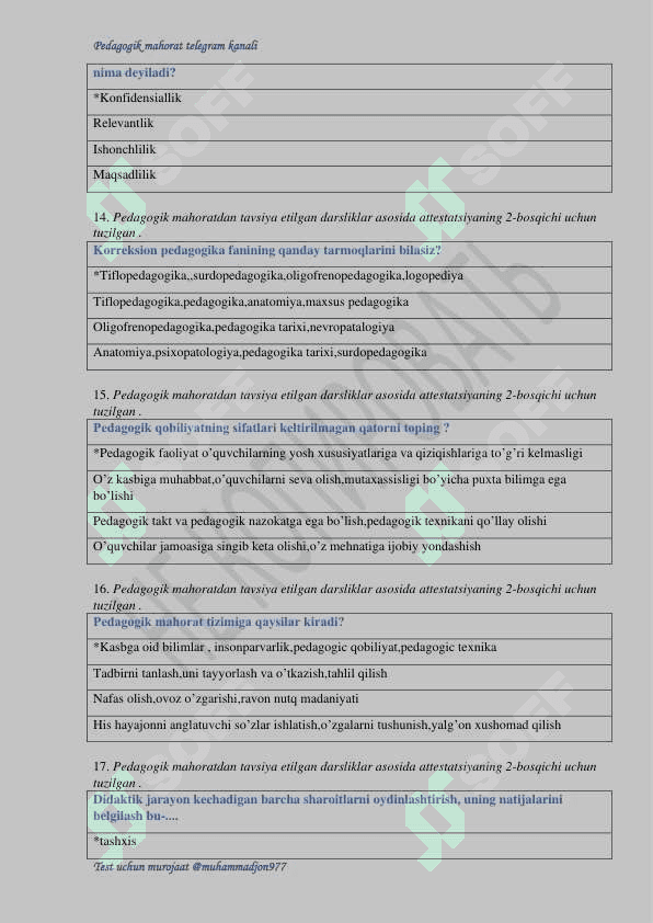 Pedagogik mahorat test savollari va javoblari 500 talik 5