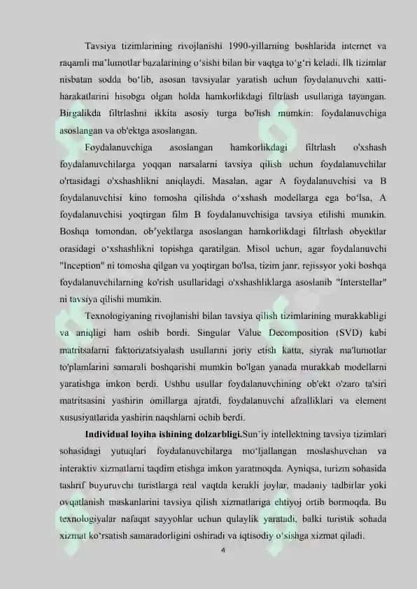 Sun'iy intellekt asosida turistik tavsiya tizimlarini ishlab chiqish Loyha ishi 4