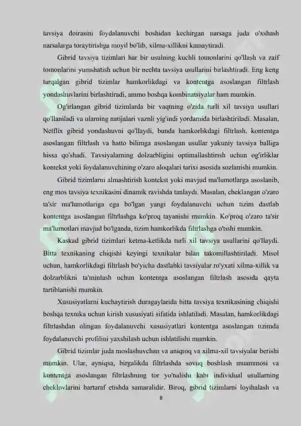Sun'iy intellekt asosida turistik tavsiya tizimlarini ishlab chiqish Loyha ishi 8