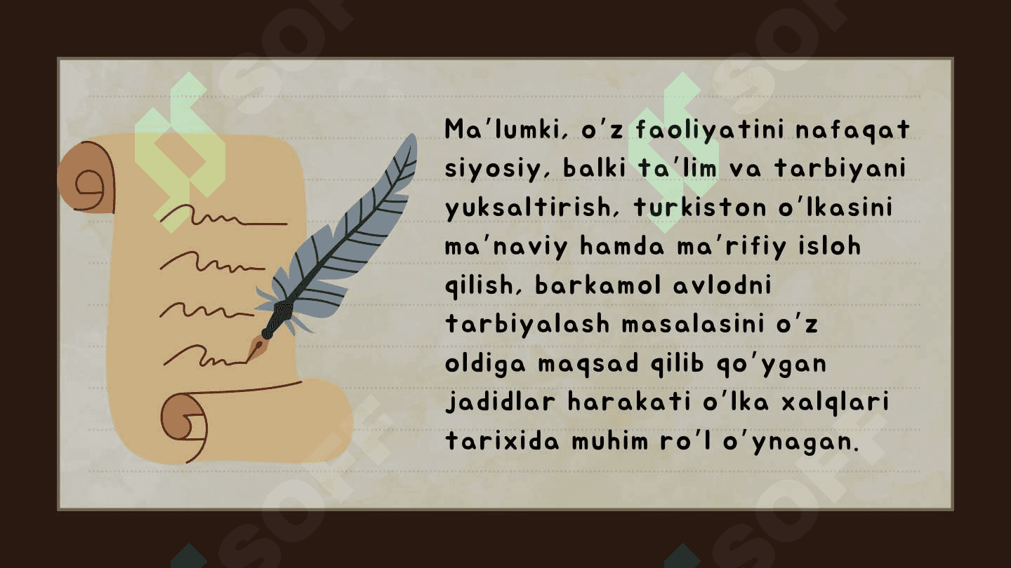 Jadid ma'rifatparvarlarining o‘lka ljtimoiy-ma'naviy hayotida tutgan о'гni (Мunavvar Qori. Fitrat, Behbudiy. Avloniy va boshq ).haqida 3